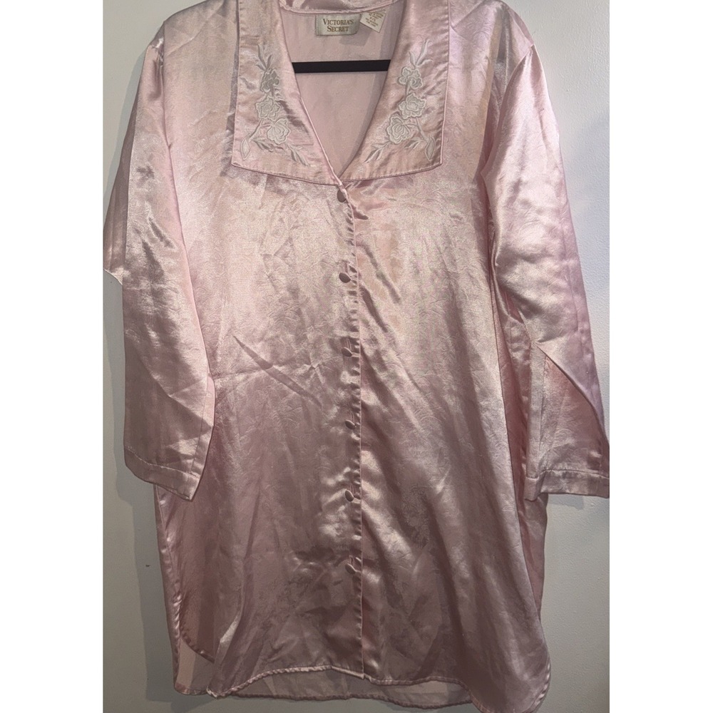 Vintage Victorias Secret Pink Satin Floral Jacquard Nightgown Sleep Shirt L/XL